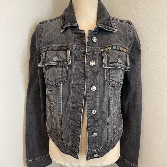 Vintage Free People Heart Studded Charcoal/Black Denim Jacket - Picture 2 of 11